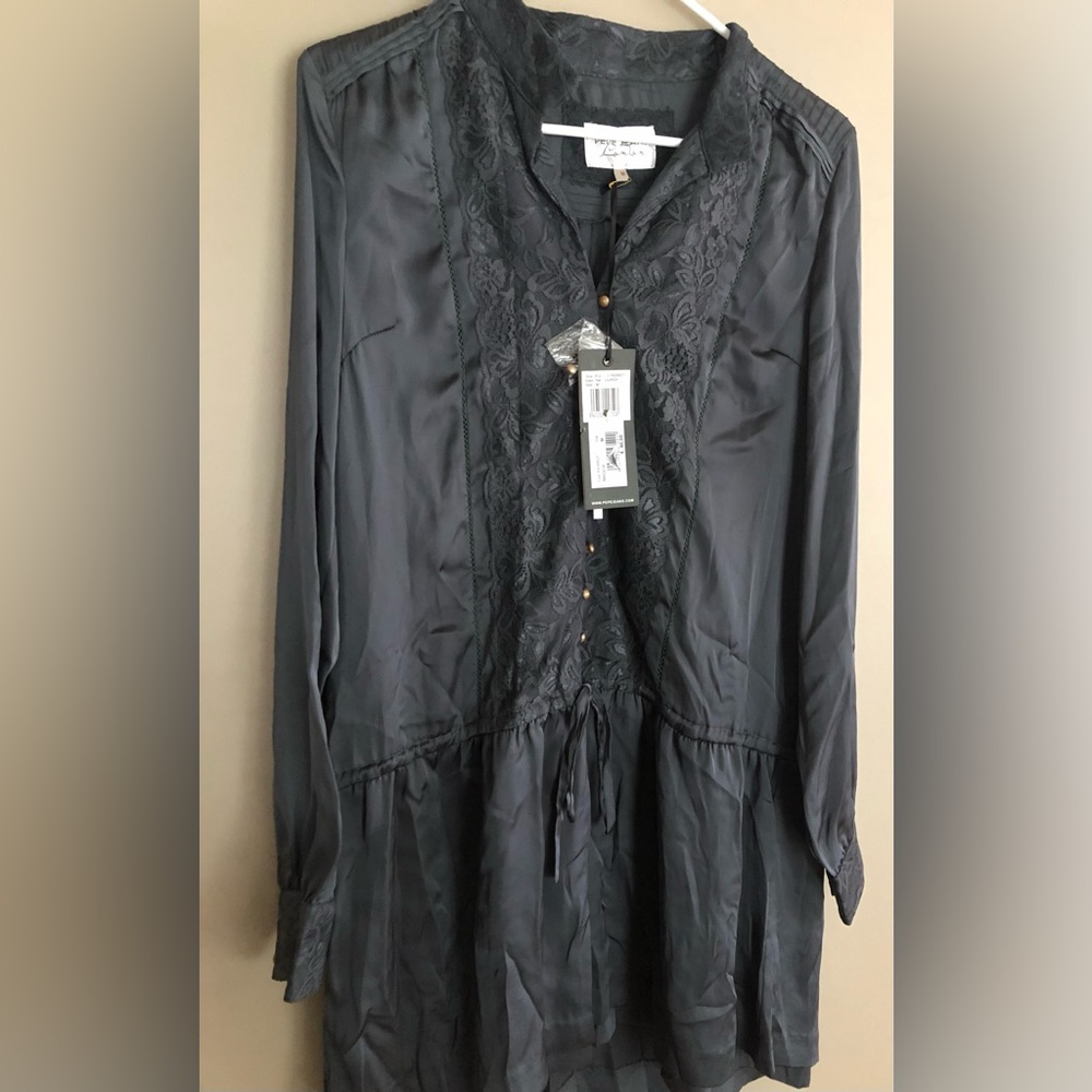 NWT PEPE JEANS London Steel Blue Gathered Mini Dress Lacework Size M $98